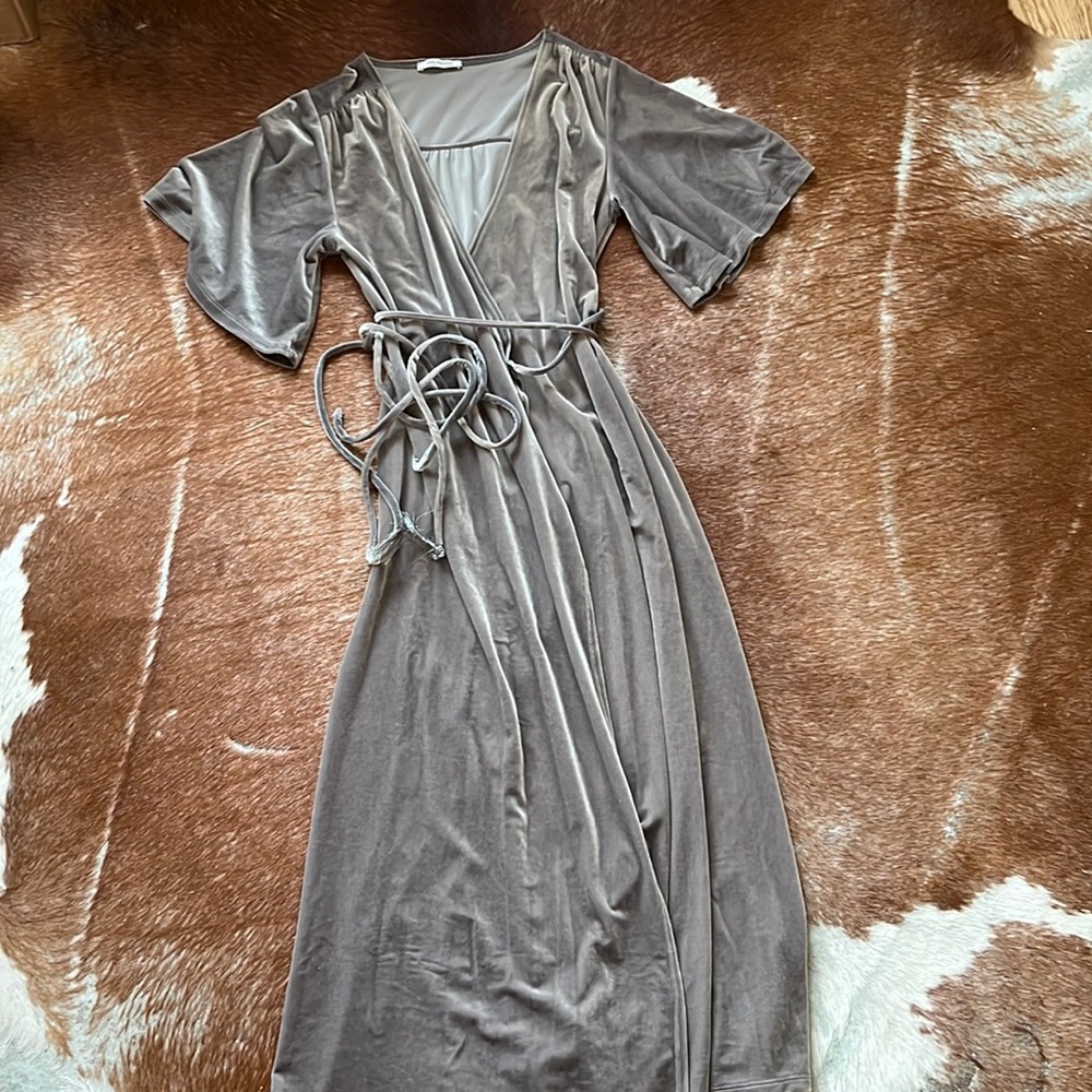 Zara pewter grey velvet maxi wrap dress